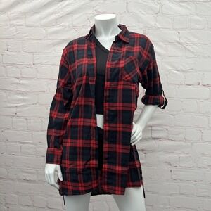 Romacci Womens Long/Roll tab Sleeve Red Plaid Button Down Top Shirt Size L